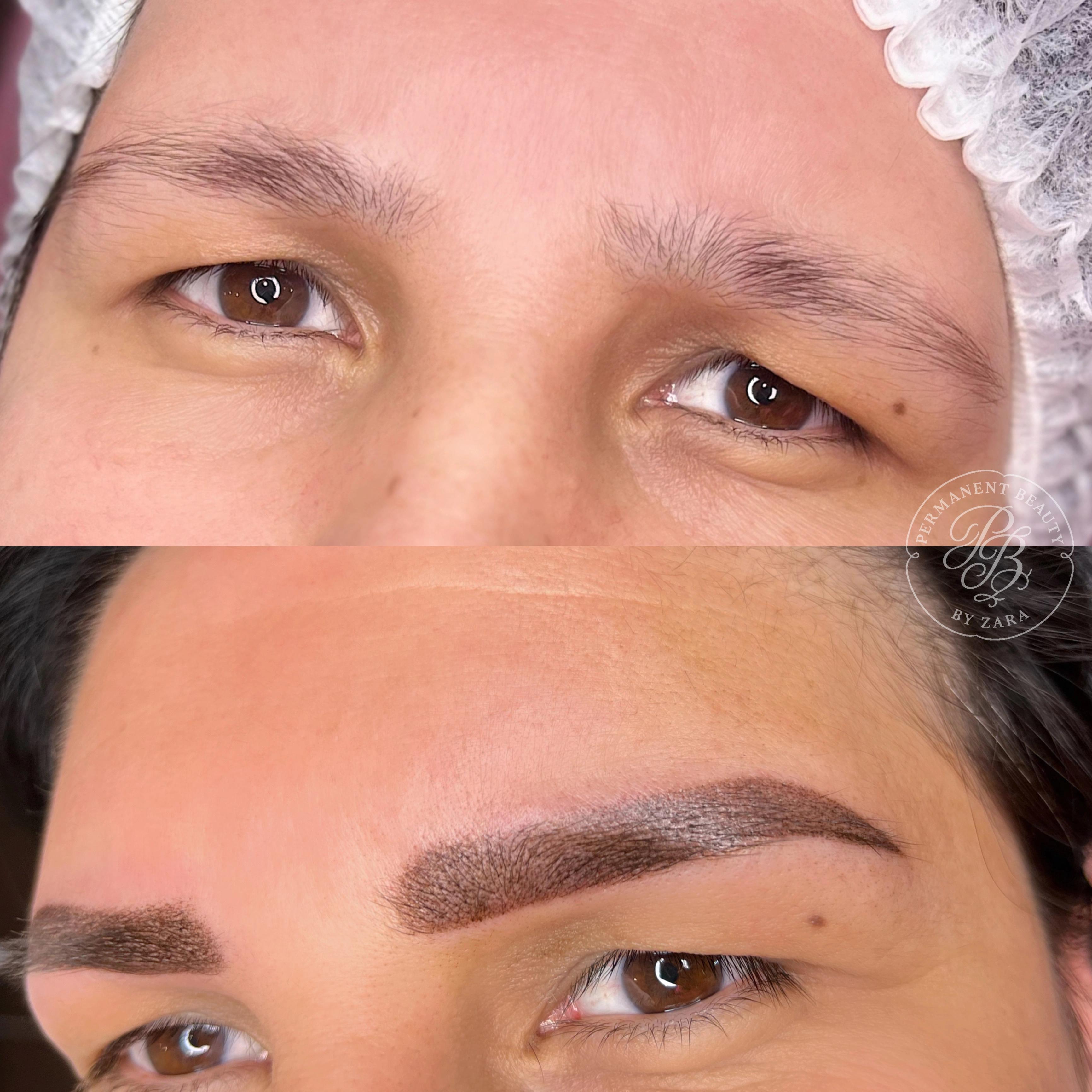 Volle Powder Brows Vorher-Nachher mit dunklem Farbton