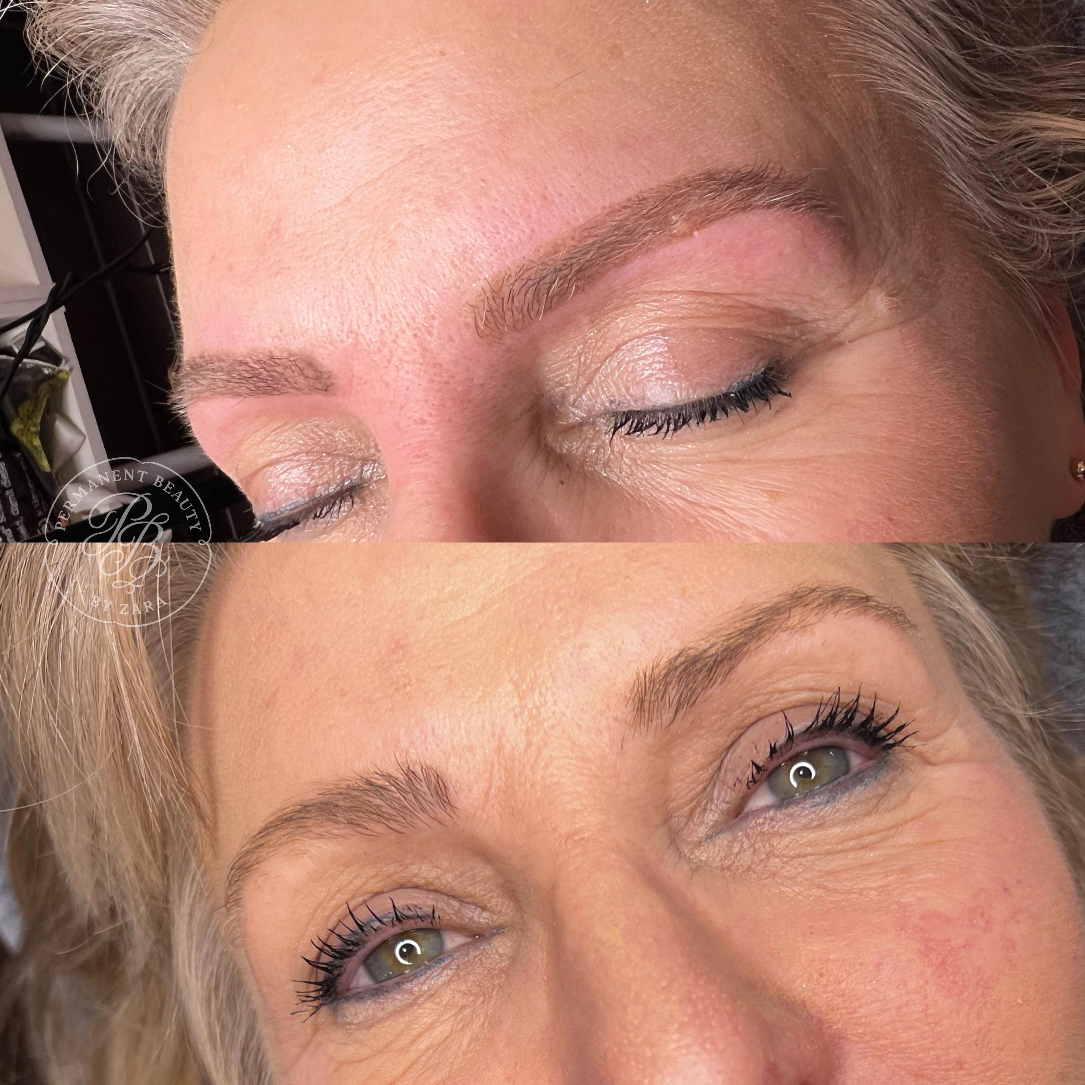 Natürliche Powder Brows Vorher-Nachher auf heller Haut