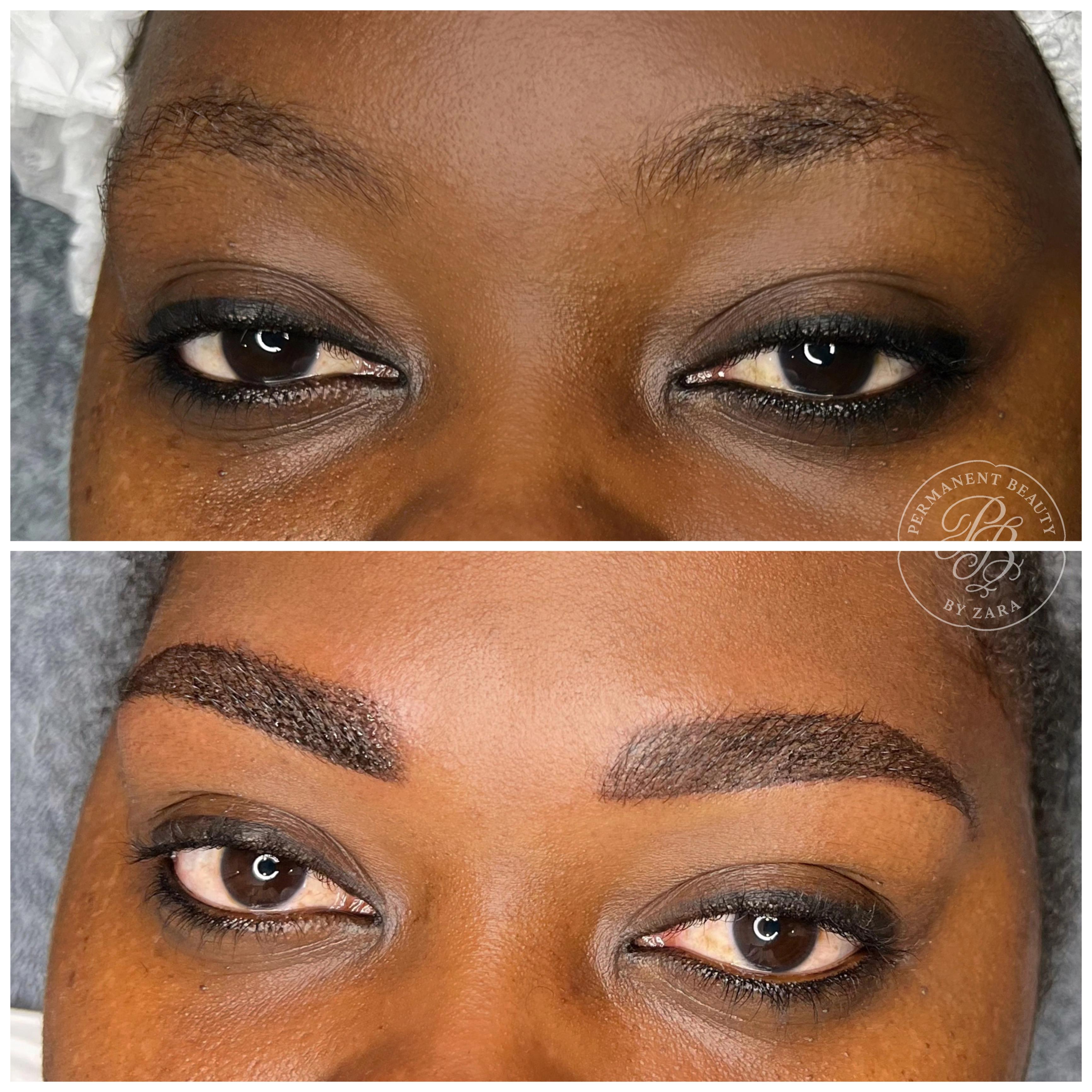 Vorher-Nachher-Bild kräftiger Powder Brows auf dunkler Haut
