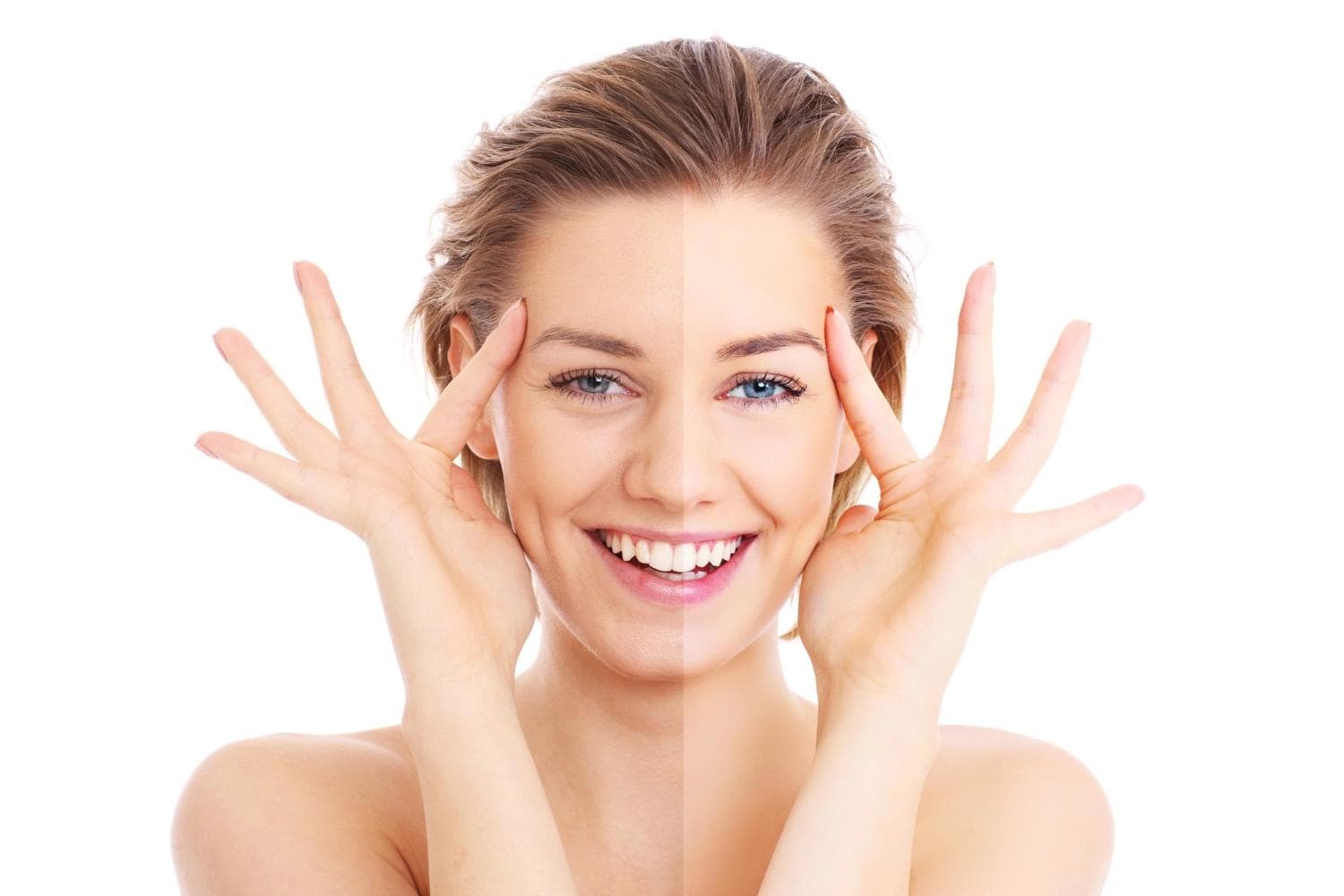 Smiling woman showing before and after results of Lightening Peel skin treatment in Berlin