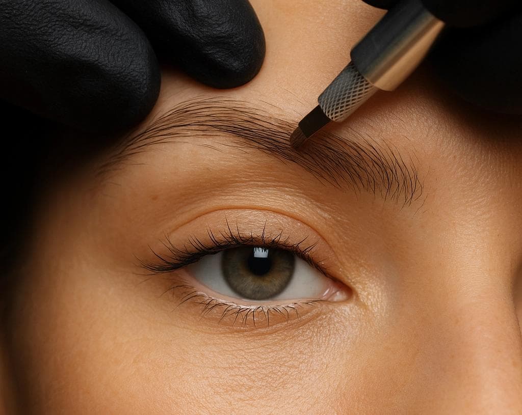 Nahaufnahme einer Microblading-Behandlung in Berlin, die eine präzise Haarstrich-Technik für natürlich aussehende Augenbrauen zeigt