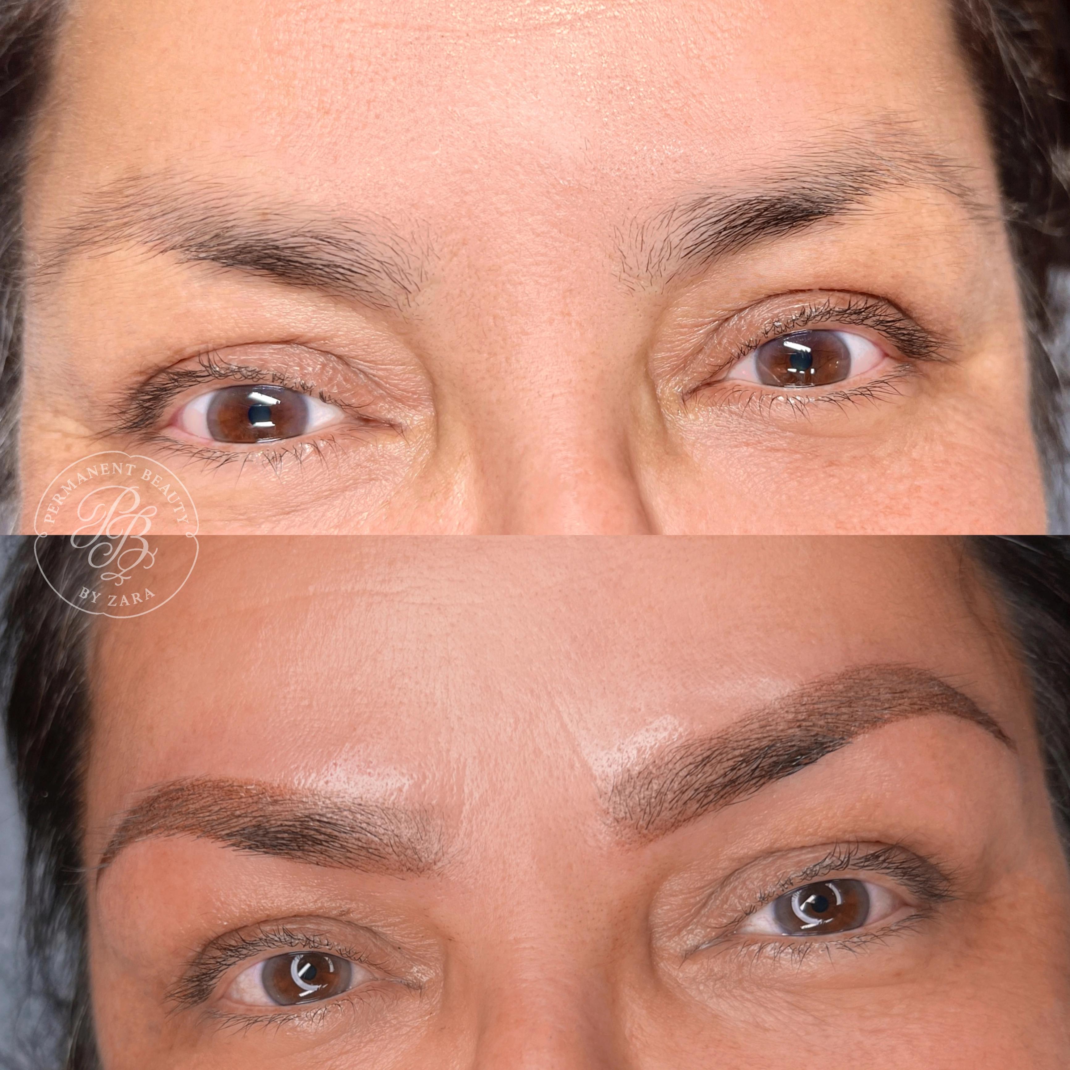 Vorher-Nachher-Foto von permanentem Make-up mit natürlicher Augenbrauenform