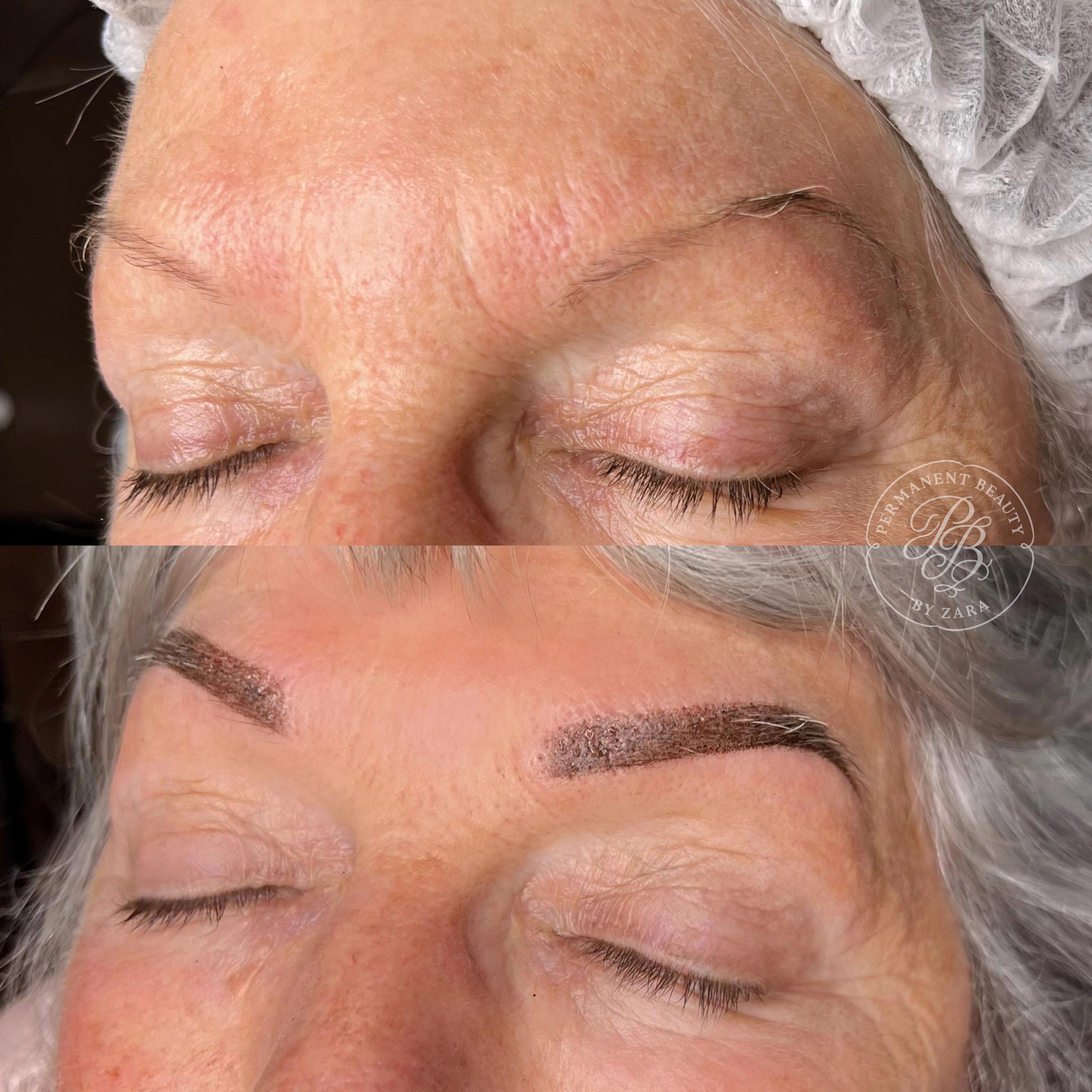 Powder Brows vorher und nachher bei älterer Frau
